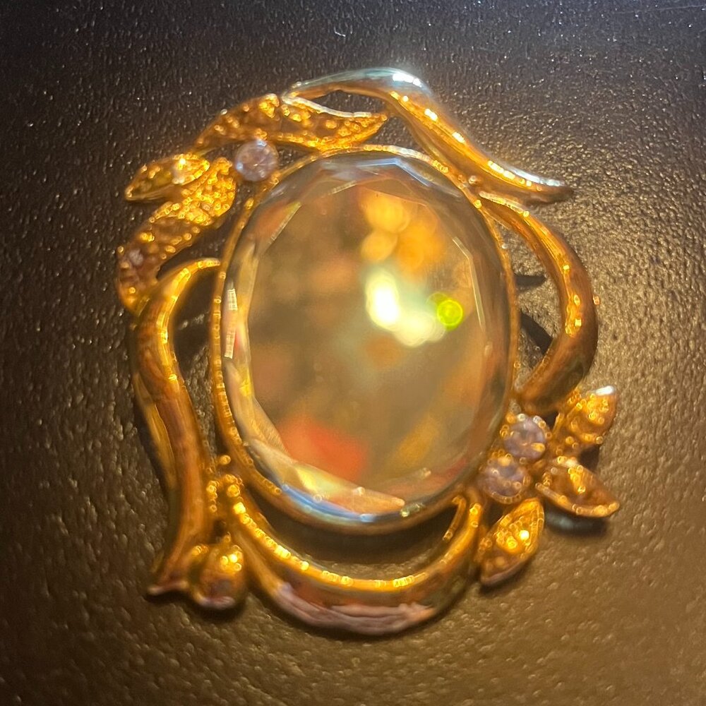Vintage Gold Tone Mirrored Brooch with Rhinestones